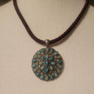 Chaps Turquoise Medallion Pendant Necklace on Braided Brown Cord - Adjustable